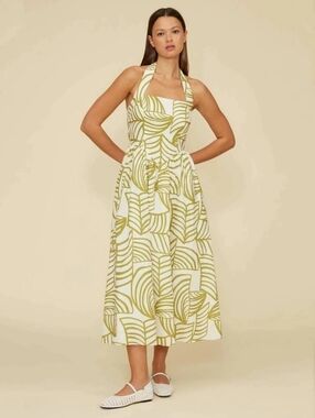NWT Lucy Paris White Halter Midi Dress with Olive Leaf Print